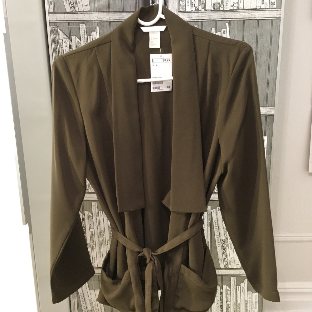 H&M Belted Shawl Collar Kimono Jacket Khaki hm